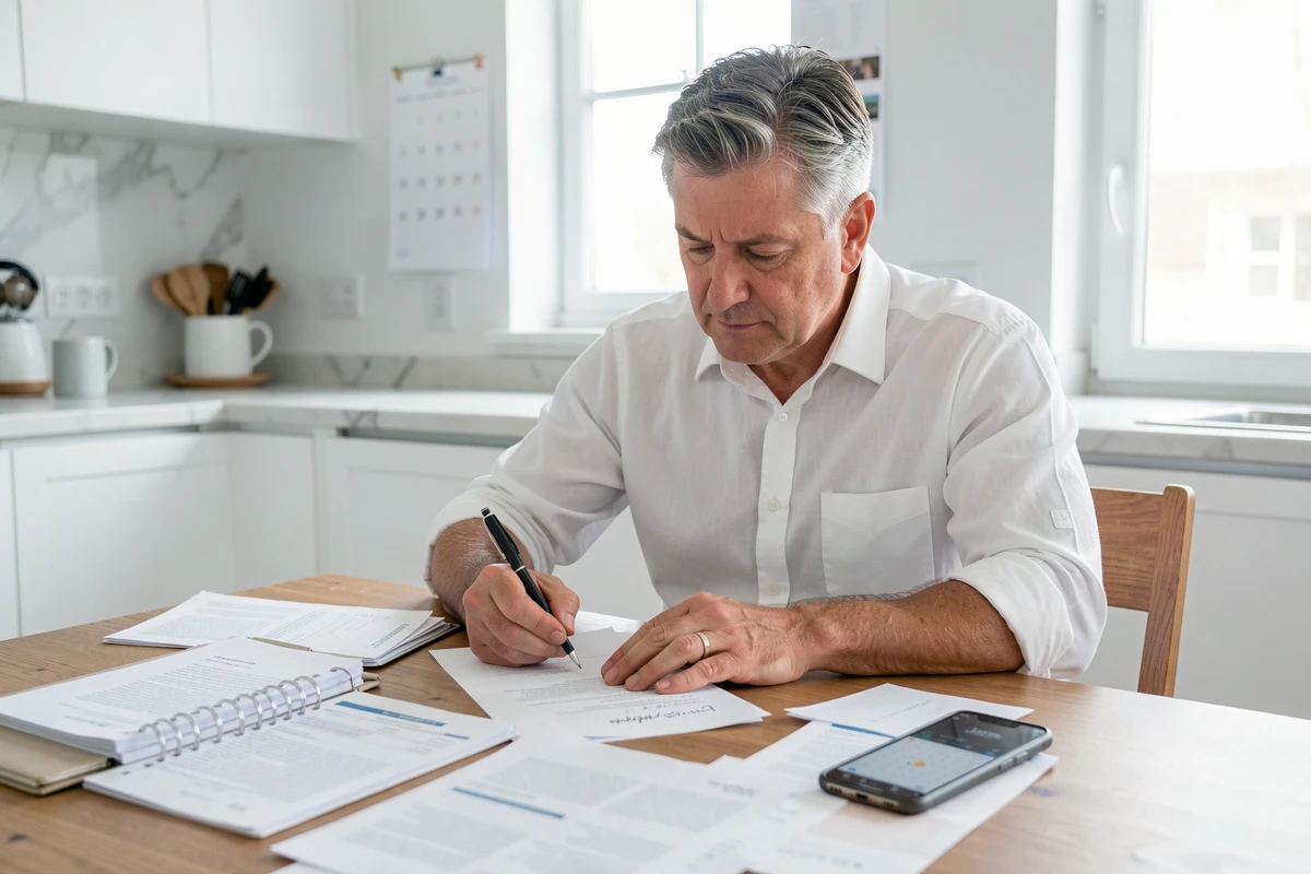 Propriétaire homme rédigeant une lettre de résiliation de bail à la main avec calendrier en arrière-plan