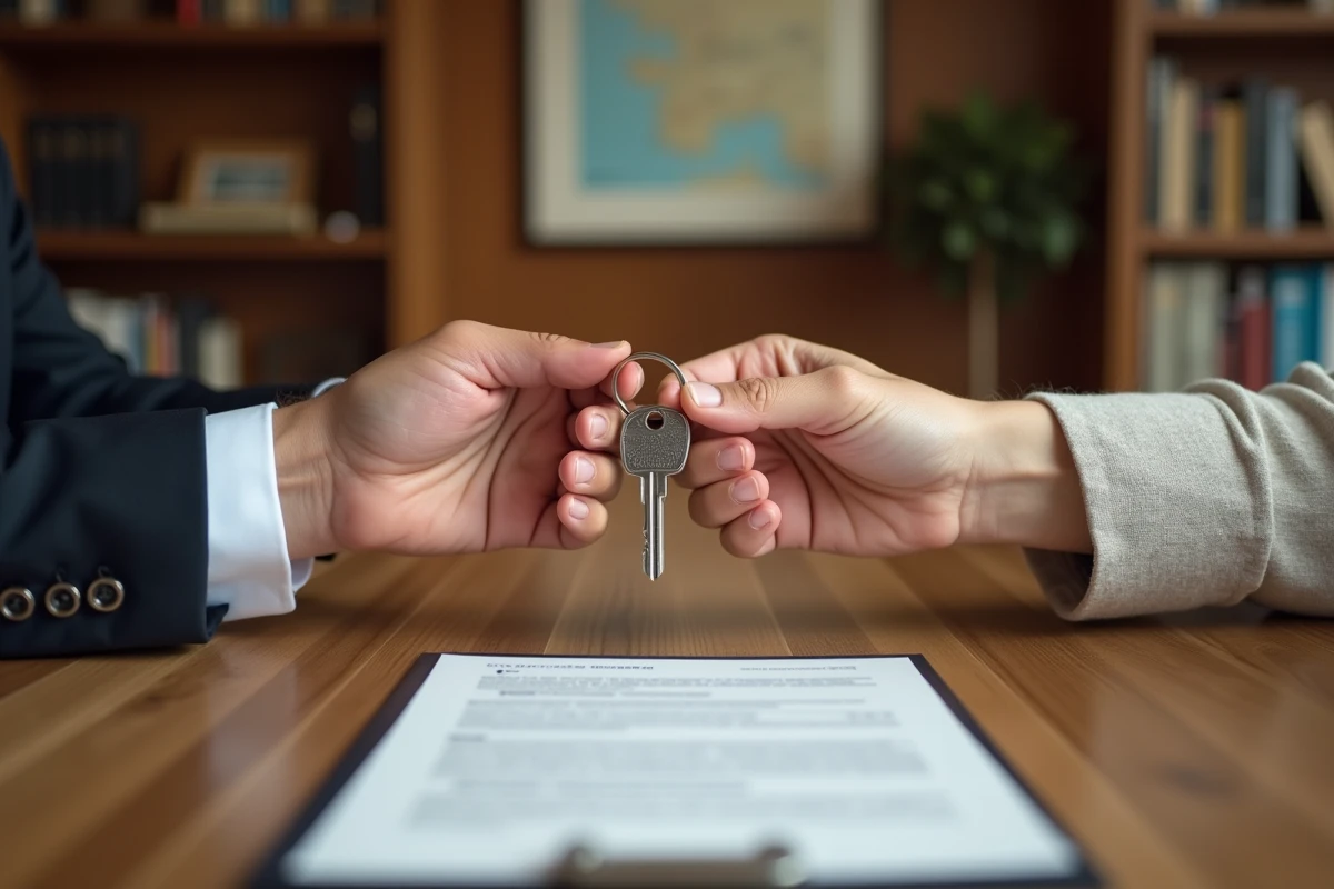 Remise des clés d'un bien immobilier lors de la signature d'un contrat entre agent et client