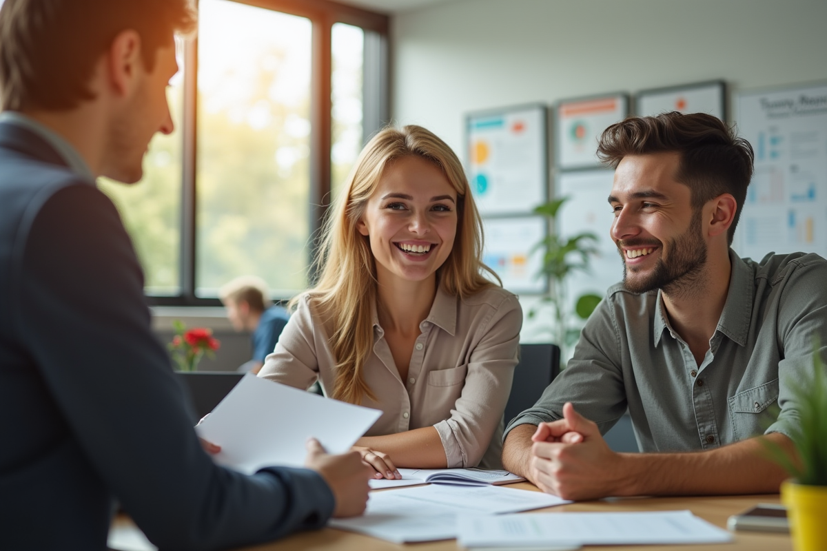 Jeune couple discutant avec un officiel dans un bureau moderne