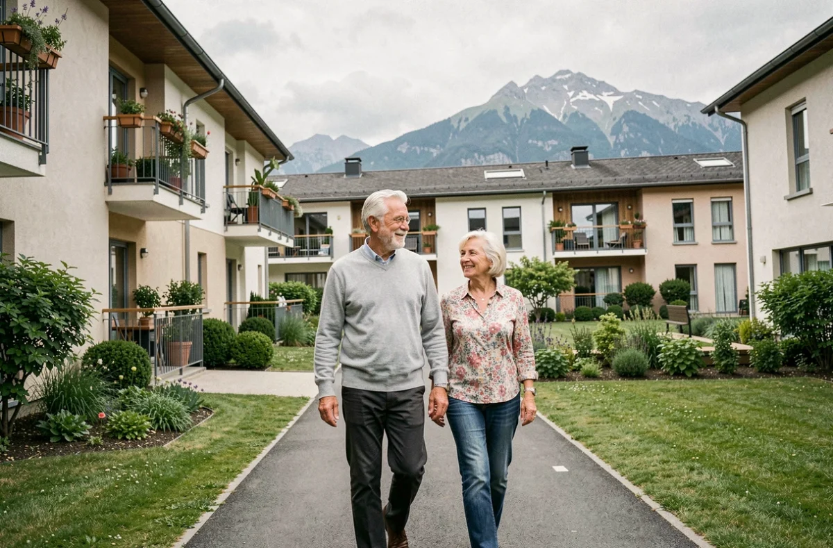 Couple de retraités se promenant dans la résidence Halpade à Cluses, entourés d'espaces verts et d'immeubles modernes