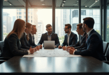 Groupe de professionnels autour d'une table avec plans et ordinateur