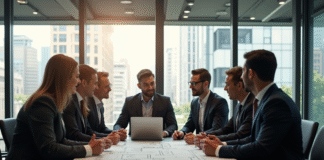 Groupe de professionnels autour d'une table avec plans et ordinateur