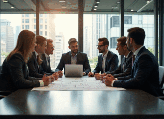 Groupe de professionnels autour d'une table avec plans et ordinateur