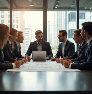 Groupe de professionnels autour d'une table avec plans et ordinateur