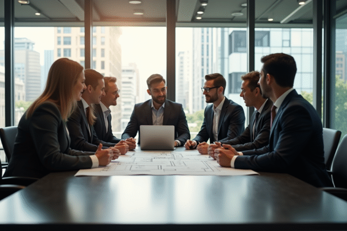 reunion-affaires-immobilier Groupe de professionnels autour d'une table avec plans et ordinateur