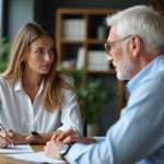 Femme et homme d'affaires discutant à une banque