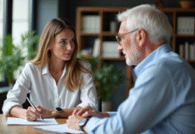 Prêt garanti vs hypothèque : différence, avantages et inconvénients à connaître Femme et homme d'affaires discutant à une banque