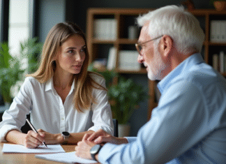Femme et homme d'affaires discutant à une banque