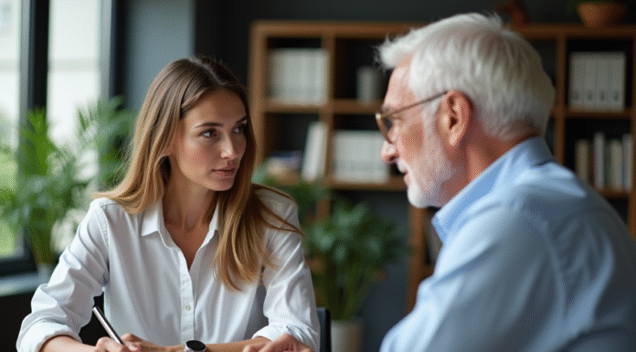 Femme et homme d'affaires discutant à une banque
