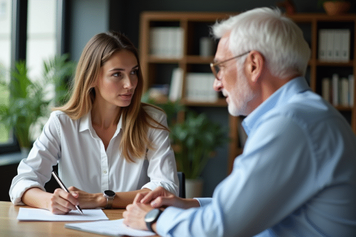 reunion-conseil-banque Femme et homme d'affaires discutant à une banque