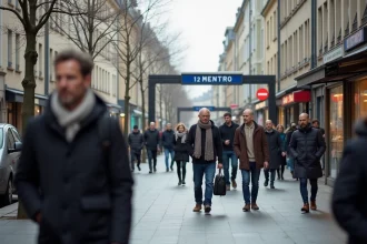 Rue animée près d'une station de métro à Créteil avec des piétons et des commerces de proximité