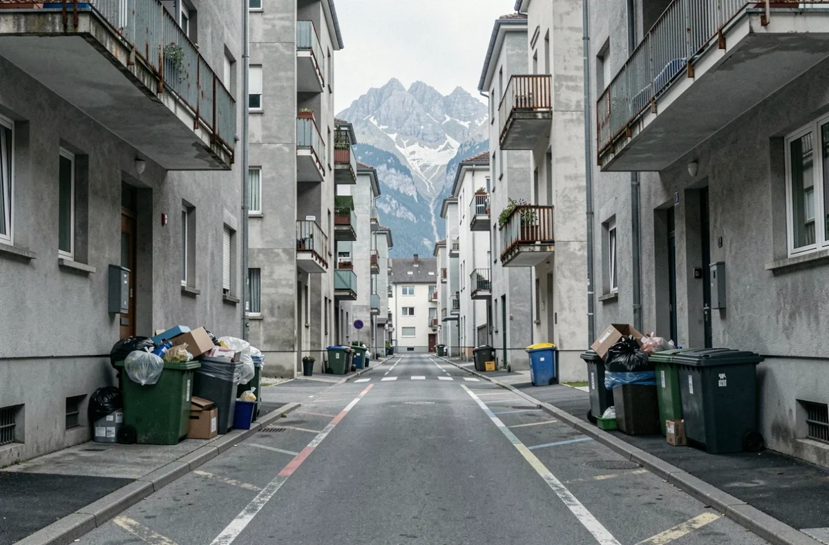 Rue bétonée d'un quartier dense de Grenoble avec vue lointaine sur le massif de Belledonne
