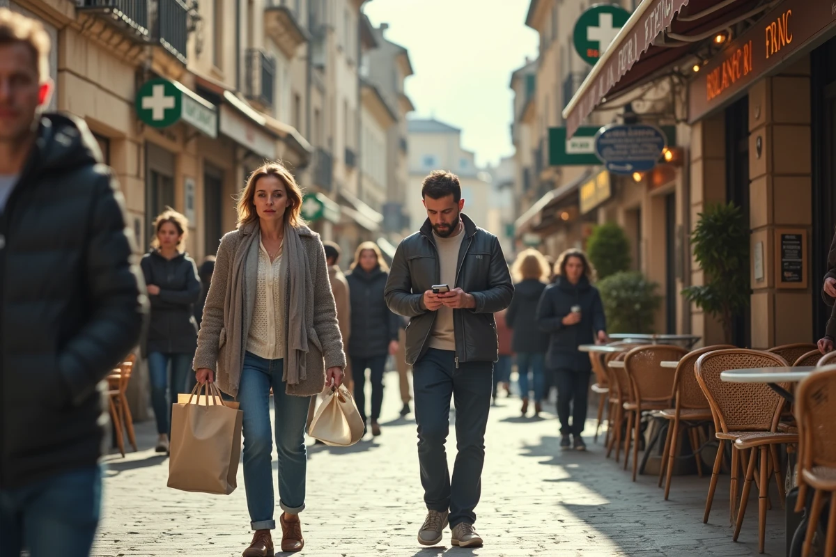 Rue piétonne commerçante animée dans le centre-ville de Romans-sur-Isère avec passants et commerces locaux