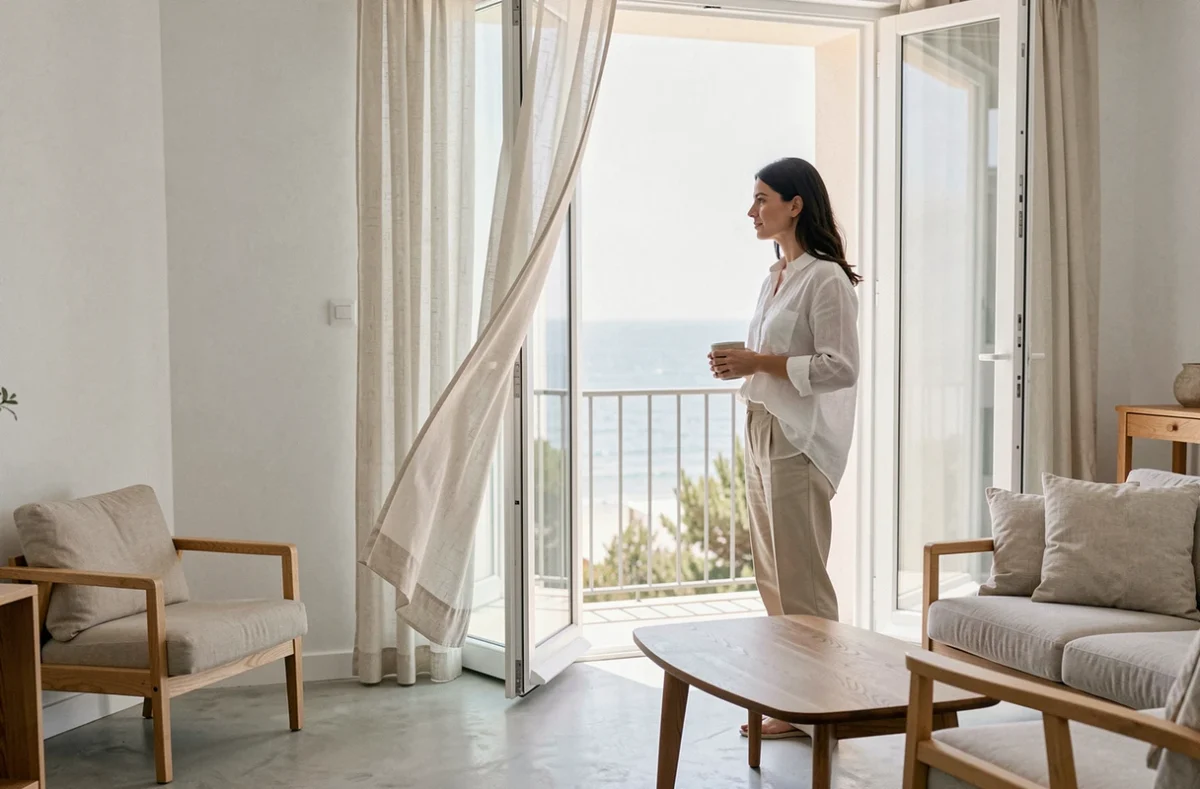 Femme contemplant la mer depuis le salon lumineux d'un appartement moderne à louer à Barcelone