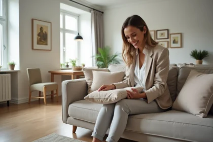 Femme souriante arrangeant des coussins dans un salon moderne