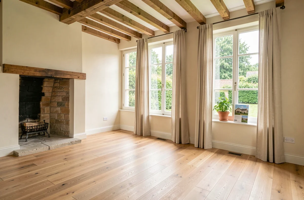 Salon normand vide et soigneusement rangé prêt pour une visite immobilière avec poutres apparentes et cheminée en pierre dans le Calvados