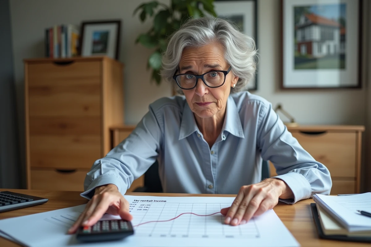 Femme découvrant que ses recettes locatives ont dépassé le seuil de basculement en LMP sans qu'elle le sache, en consultant ses documents fiscaux et un graphique de revenus