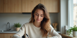 Femme signant un contrat de location dans une cuisine moderne