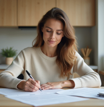 Dépôt locatif : les conditions pour demander un dépôt de garantie Femme signant un contrat de location dans une cuisine moderne