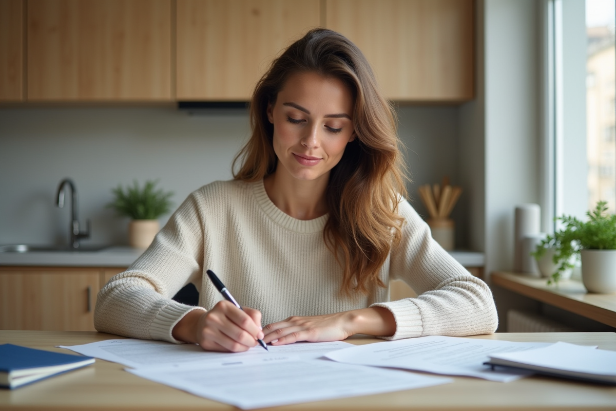 Femme signant un contrat de location dans une cuisine moderne