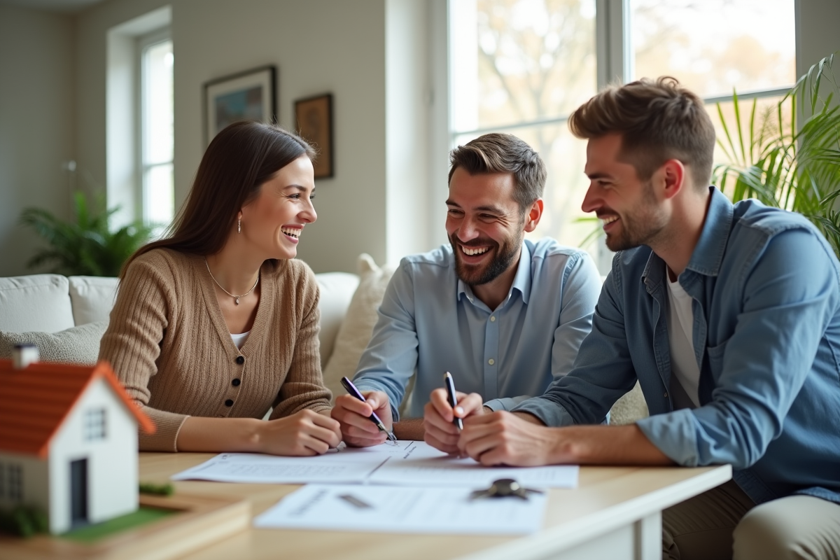Couple souriant signant des documents avec un banquier dans un salon lumineux