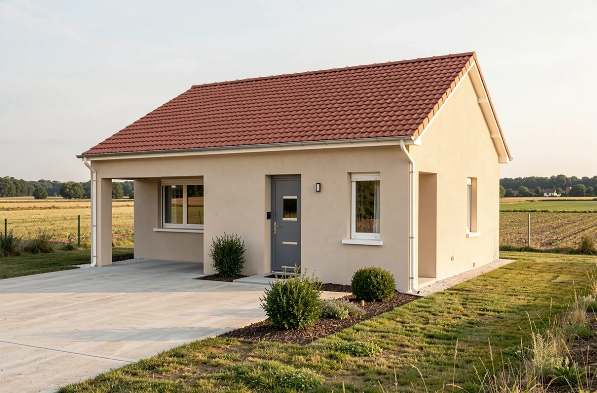 Maison individuelle compacte construite par Sotrabox avec carport intégré et façade beige dans l'Aube