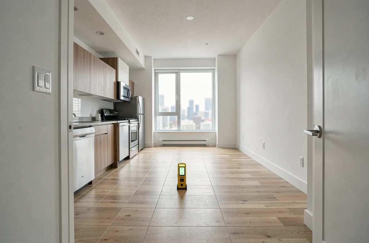 Studio immobilier vide mesuré avec un télémètre laser pour estimer la surface habitable avant mise en vente