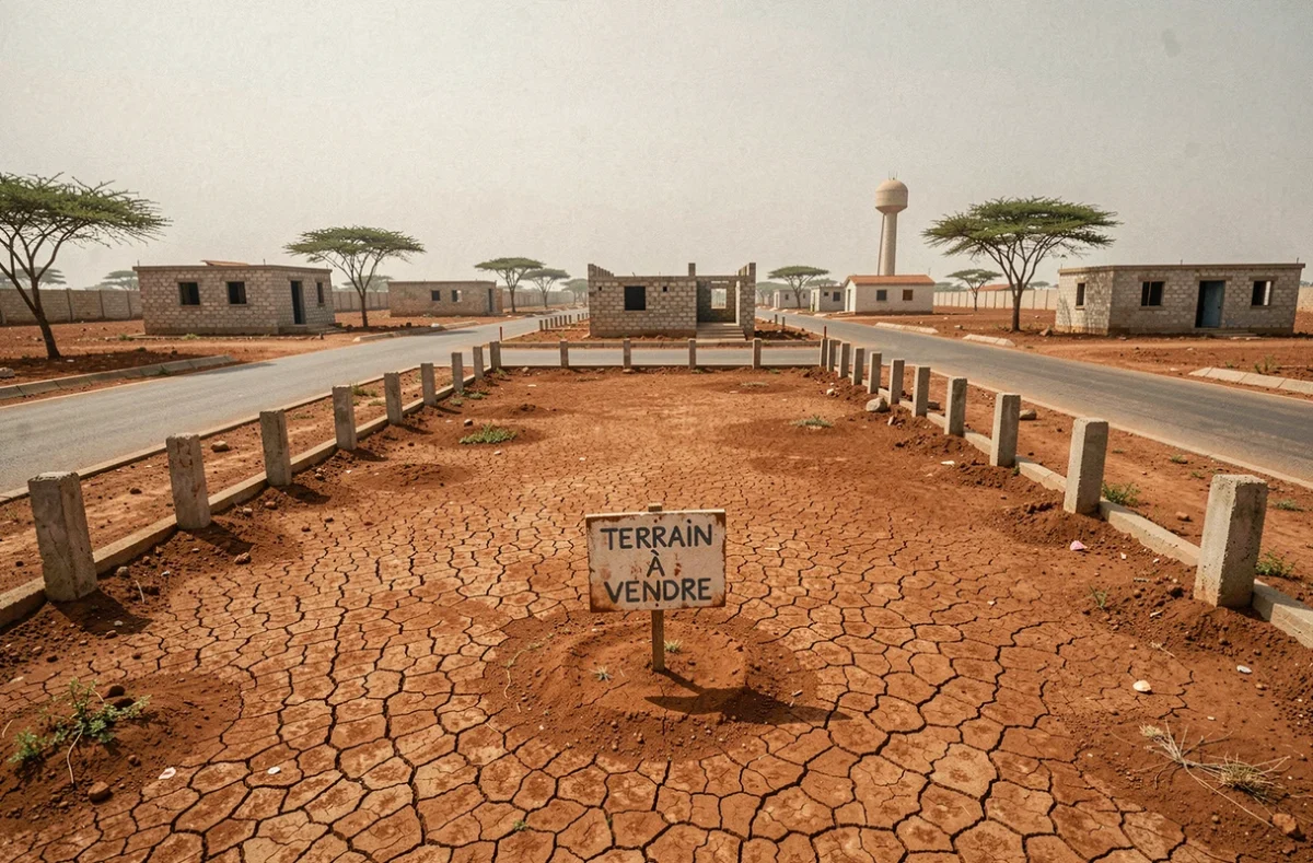Terrain à vendre avec panneau et bornes dans un lotissement résidentiel au Sénégal
