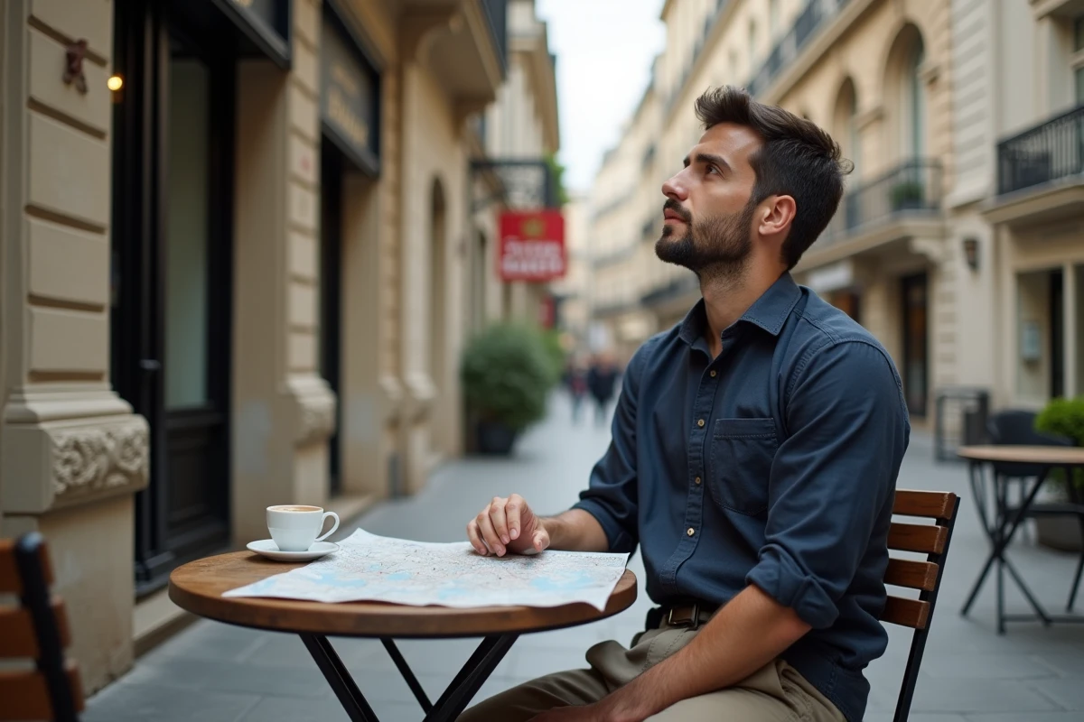 Homme attablé en terrasse dans le quartier chic de la Préfecture à Marseille avec une architecture haussmannienne