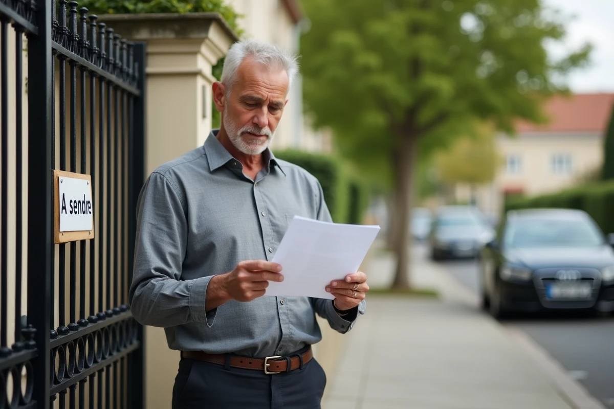 Vendeur immobilier consultant un document devant sa maison à vendre avec panneau de vente visible