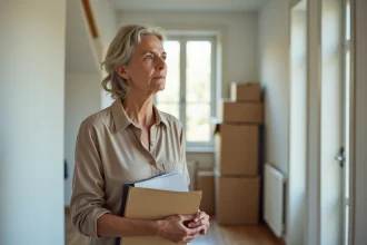 Femme tenant des documents immobiliers dans le couloir d'une maison à vendre suite à un divorce en Loire-Atlantique