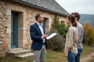 Agent immobilier discutant de la vente d'une maison en pierre en Lozère avec un couple en cours de divorce