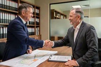 Promoteur immobilier et propriétaire foncier signant un accord de vente de terrain dans un bureau de notaire professionnel