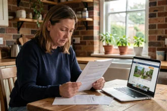 Femme vérifiant un contrat de location de petite maison avec jardin en Seine-Maritime pour éviter les arnaques