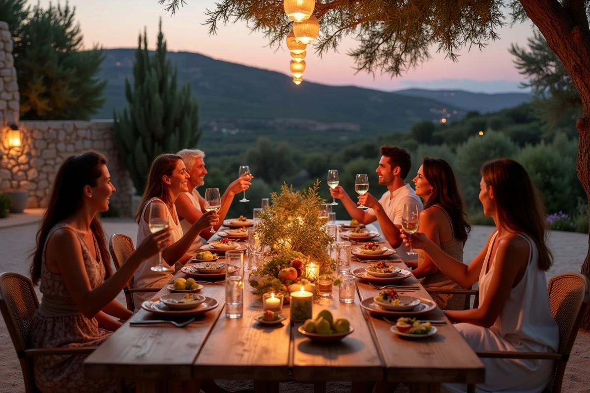 Groupe d'amis partageant un dîner en plein air autour d'une grande table rustique dans le jardin d'une villa à Ibiza