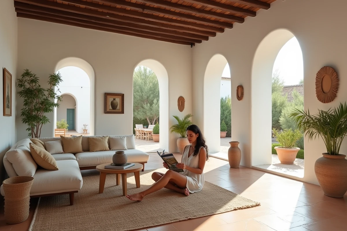 Intérieur lumineux d'une villa de luxe à Ibiza avec décoration méditerranéenne et salon en linge naturel