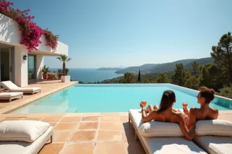 Couple profitant de la terrasse avec piscine à débordement d'une villa de luxe à Ibiza avec vue sur la Méditerranée