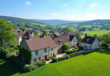 Village rural français avec maisons en pierre et champs verts