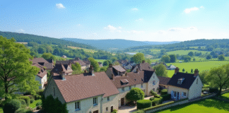 Village rural français avec maisons en pierre et champs verts