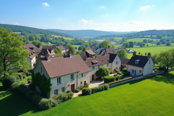 village-rural-paysage-francais Village rural français avec maisons en pierre et champs verts