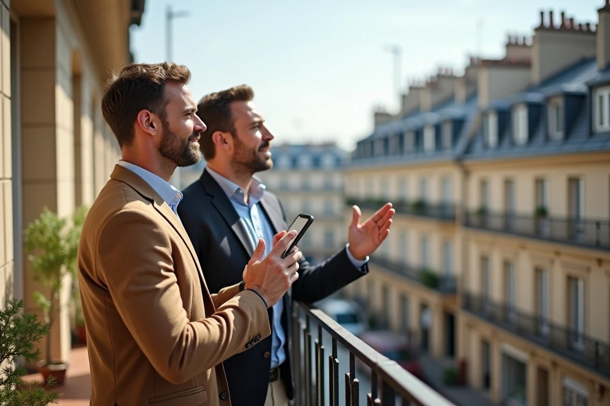 Deux hommes examinant une annonce d'habitat partagé sur smartphone depuis un balcon avec vue sur un quartier résidentiel parisien