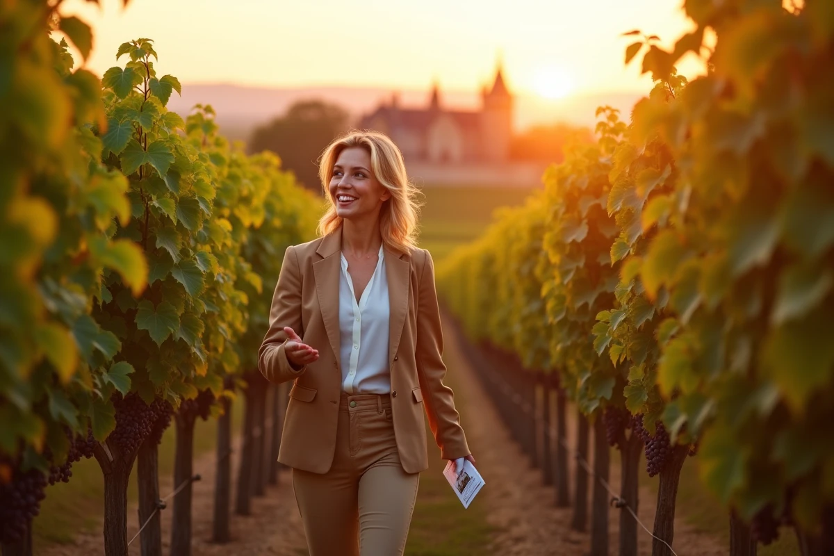 Agente immobilière présentant un domaine viticole bordelais en septembre, vignes chargées de raisins cabernet sauvignon avec château en arrière-plan
