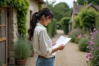 Femme visitant une petite maison avec jardin à louer, tenant une annonce immobilière devant le portail